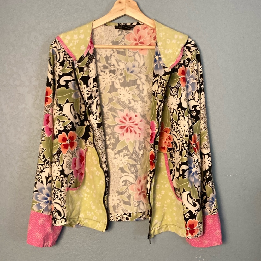 Anne Carson Floral Silk Hoodie ~ Size Medium ~ Green, Black, Pink, White